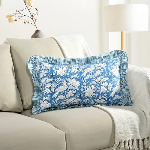 CPC Block Print Blue Sapphire Ruffle Cotton Lumbar Pillow Cover 12x20 inch