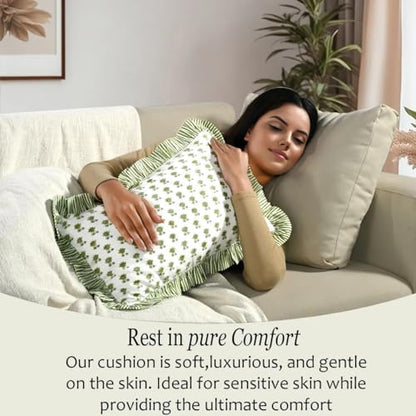 CPC Block Print Lotus Meadow Ruffle Cotton Lumbar Pillow Cover 12x20 inch