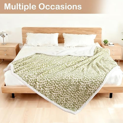 Electric Heated Blanket Throw Size 50"×60" with 9 Heating Levels & 1-10 Hs auto Off, Heating Throw Double Sided Sherpa, Energy Efficient, Machine Washable, Gifts for Women Leopard Print Green & White