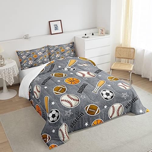 Boys Ball Sports Themed Comforter Set Full Size Baseball Bat Soccer and American Football Bedding Set 3pcs Kids Teens Cartoon Grey Quilt Set Ball Sports Games Duvet Insert Modern Bedroom Decor