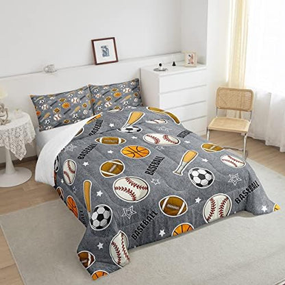 Boys Ball Sports Themed Comforter Set Full Size Baseball Bat Soccer and American Football Bedding Set 3pcs Kids Teens Cartoon Grey Quilt Set Ball Sports Games Duvet Insert Modern Bedroom Decor