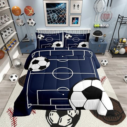 Boys Football Comforter Set Toddler Size Soccer Ball Pattern Down Comforter for Kids Teens Game Room Decor Sports Theme Football Court Bedding Set Polyester Quilt Set with 1 Pillowcase, White