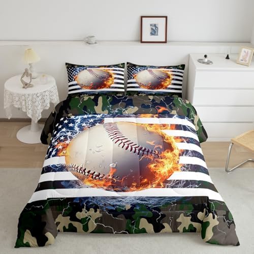 American Flag Comforter Set, Baseball Bedding Set Full For Kids Boys Teens Bedroom Decor, Camouflage Down Comforter Usa Federations Stars Sports Games Quilted Duvet With 2 Pillow Cases, Red Black