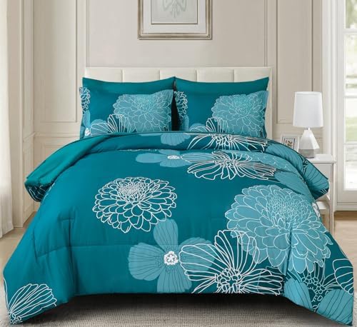 Yiran Queen Comforter Set Teal Bed in a Bag Floral Comforter Sets Soft Microfiber Boho Bedding Sets for All Season,7 Piece,90"×90"