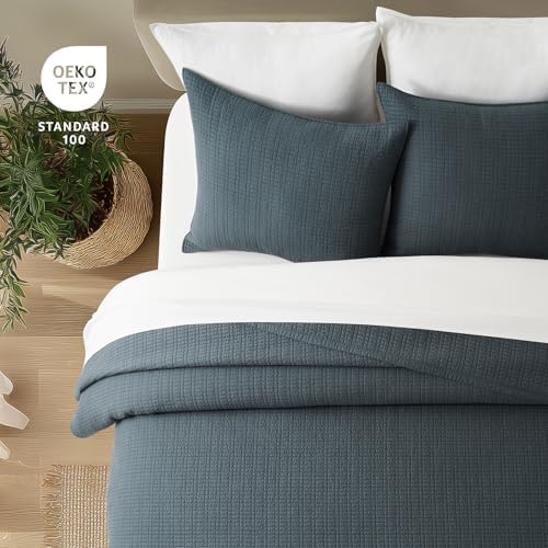 EverGrace 100% Cotton Modern Grid Stitch Quilt Set Queen Size Midnight Blue