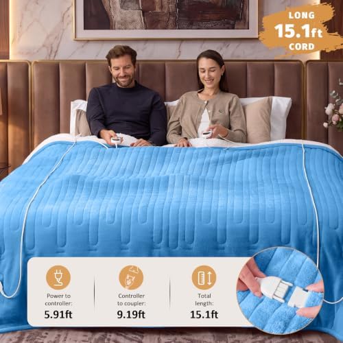 Heated Electric Blanket Queen Size, Dual Control, 84" x 90", Azure
