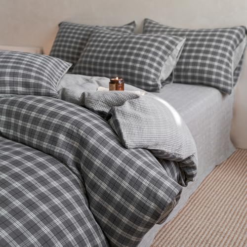 Vintage Buffalo Plaid Duvet Cover Twin XL 100% Cotton Muslin Retro Grey Plaid Grid Gingham Bedding Set Breathable Gauze Comforter Cover 3 Piece Farmhouse Gingham Duvet Cover with Zipper Closure
