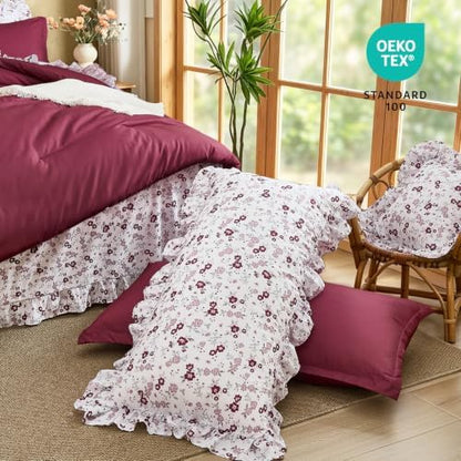 WONGS BEDDING 8PC Queen Comforter Set, Ruffle Comforter with Floral Sheets