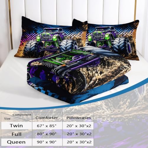 AILONEN Twin Comforter Set 3 Piece, Purple Green Off Road Truck 3D Printed Bedding with 2 Pillowcases, Soft Lightweight Microfiber Mud Trail Decor for Compact Bedroom