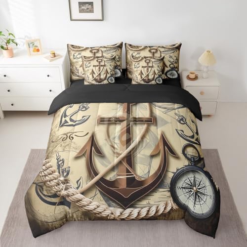Erosebridal Nautical Anchor Bed in A Bag with Sheets King Retro Ship Anchor 7 Piece Comforter Set Navigation Compass Bedding Set,Ocean Adventure Theme Bedding Comforter Sets for Kids Boys Teens Youth