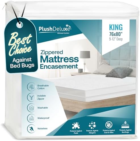PlushDeluxe King Size Premium Mattress Encasement - Zippered Waterproof, Bedbug Proof Design, 6-Sided Protection - Hypoallergenic Cotton Terry Fabric 9-12" Depth
