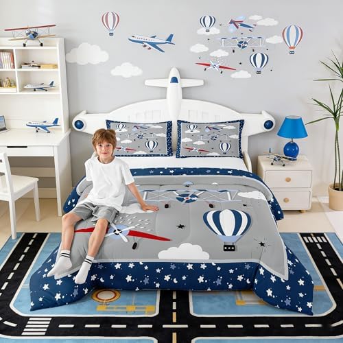 Castle Fairy Airplane Comforter Set Queen Size for Boys, Kids Aviation Bedding Set with 2 Pillow Shams, Soft Lightweight Microfiber Quilt with Airplane Clouds Stars Design, Blue Gray Bedroom Decor