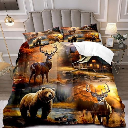 LUVIVIHOME 3PCS Bear Deer Comforter Set King Size, Elk Moose Mallard Duck Autumn Woodland Forest Animal Wildlife Hunting Camo Hunter Country Lodge Rustic Farmhouse Cabin Bedding Sets, 2 Pillow Shams