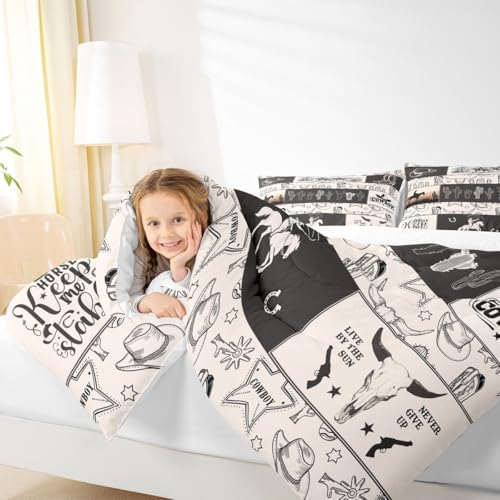 Western Cowboy Kids Comforter Set King Size,Cowboy Boots Horseshoe Farmhouse Bedding Set,Boys Girls Adults Room Decor,Cow Skull Cactus Rustic Down Comforter,Beige Retro Duvet Insert,2 Pillowcases