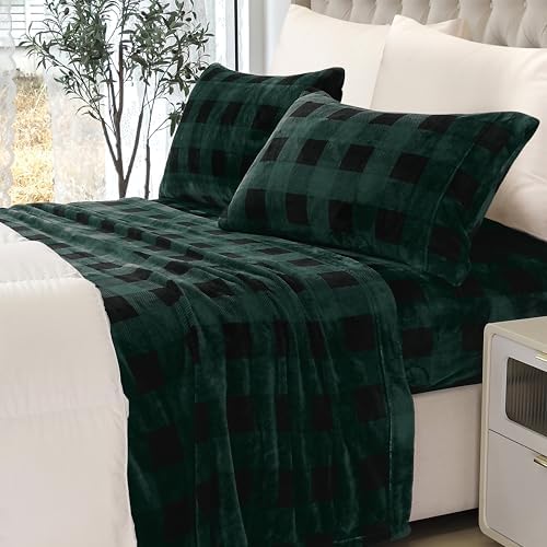 Elegant Comfort Luxuriously Soft 4-Piece Velvet Plush Flannel Sheet Set - Premium Quality -Cozy Warm, Anti-Static, Non Pilling Fuzzy Velvet Flannel Fleece Deep Pocket Sheet Set- King, Buffalo Green