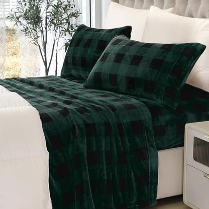 Elegant Comfort Luxuriously Soft 4-Piece Velvet Plush Flannel Sheet Set - Premium Quality -Cozy Warm, Anti-Static, Non Pilling Fuzzy Velvet Flannel Fleece Deep Pocket Sheet Set- King, Buffalo Green