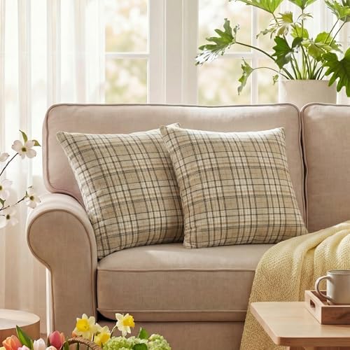 AVOIN colorlife Spring Summer Khaki White Plaid Decorative Throw Pillow Covers, 18 x 18 Inch Holiday Scottish Tartan Cushion Case Farmhouse Decoration for Sofa Couch Set of 2