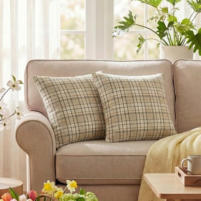 AVOIN colorlife Spring Summer Khaki White Plaid Decorative Throw Pillow Covers, 18 x 18 Inch Holiday Scottish Tartan Cushion Case Farmhouse Decoration for Sofa Couch Set of 2