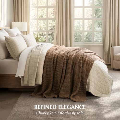 EVERGRACEHOME Chunky Chenille Knit Throw Blanket, 90 x 90, Camel Brown
