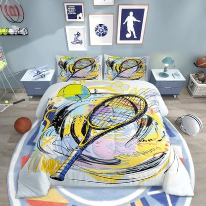 Graffiti Tennis Ball Bedding Set Twin Size,Fashion Ball Sports Game Comforter Set for Kids Boys Teens Room Decor,Cartoon Tennis Quilt Set Watercolor Youthful Duvet Insert 2pcs,1 Pillowcase