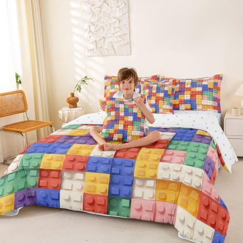 Feelyou Building Block Print 7 Piece Bedding Set King Size Kids Brick Styles Comforter Set with Sheets for Boys Teens Colorful Gaming Bed in a Bag Green Red Yellow Blue Room Decor