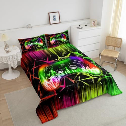 Castle Fairy Video Games 3 Pcs Queen Size Comforter Set,Gamepad Down Alternative Adults Room Decor,Modern 3D Geometric Honeycomb Ultra Soft Microfiber Inner Fill 3Pcs Bedding