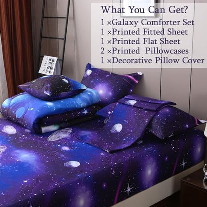 JQinHome Queen Galaxy Comforter Sets 6 Piece Bed in A Bag, Outer Space Themed Bedding for Children Boy Girl Teen Kids,1 Comforter, 1 Flat Sheet, 1 Fitted Sheet, 2 Pillowshams, 1 Cushion Cover(Purple)