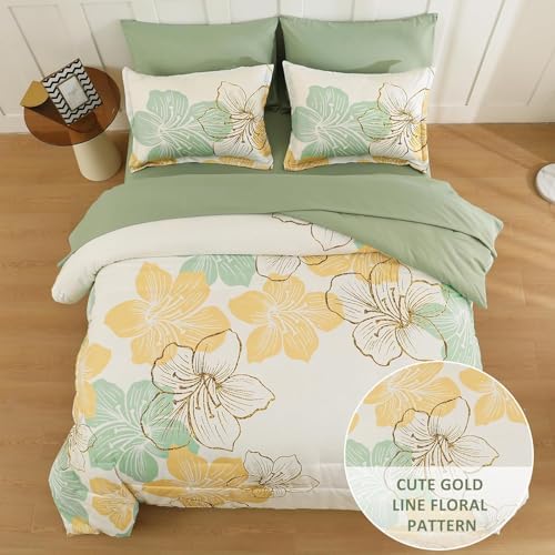 Luxudecor Sage Green Floral Comforter Set King Size, 7 Pieces Bed in a Bag Gold Glitter Metallic Comforter and Sheet Set, Soft Microfiber Complete Bedding Sets for All Seasons