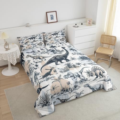 Erosebridal Kids Dinosaur Comforter Set, Dino Palm Tree Bedding Set Queen Size for Boys Teens Adult Bedroom, Ancient Animal Duvet Sets Mountain Tropical Botanical Quilted Duvet with 2 Pillow Cases