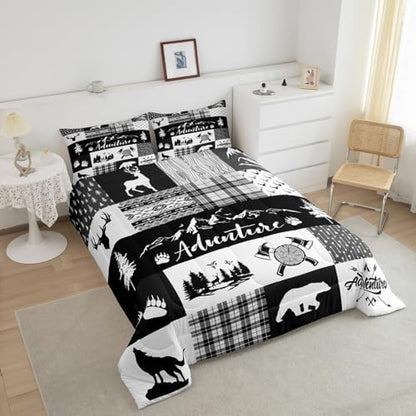 Castle Fairy Hunting Adventure Comforter Set King Size,Deer Antler Bear Pine Patchwork Bedding Set All Season Quilt Set,Arrow Lodge Boho Aztec Camper Grid Microfiber Polyester Down Comforter