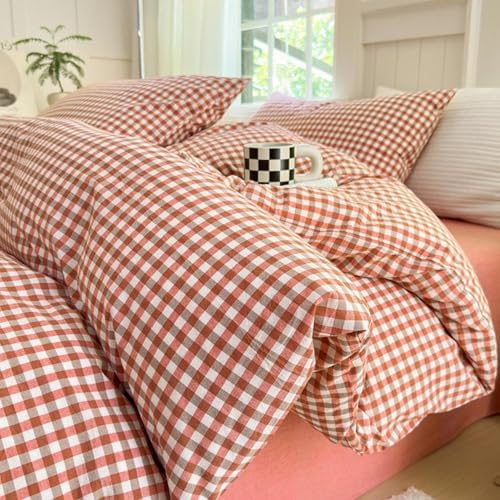 LifeTB Twin XL Comforter Set Red Orange Gingham Comforter with 2 Pillowcases Modern Style Grid Plaid Comforter Set Fluffy Soft Lightweight Gingham Bedding Set Fluffy Checkered Comforter Twin XL