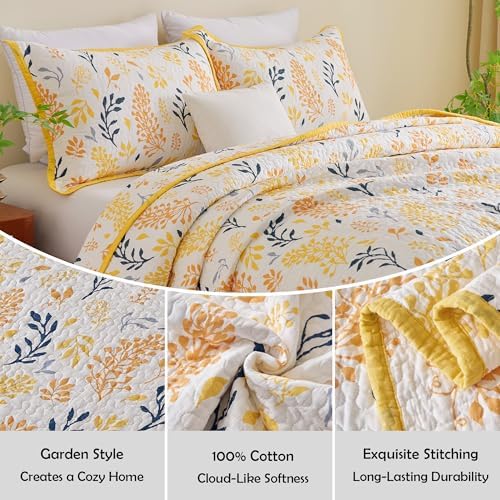 Queen Size Quilt Set - Cotton Floral Quilts Queen, Yellow, 90x98