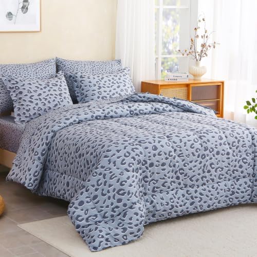 lasoftan Leopard Queen Comforter Set with Sheets, 7 piece Luxury Vintage Bedding, Soft Microfiber Bed in a Bag, Cozy Lightweight Bed Set, Grey Cheetah Print