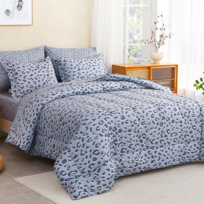lasoftan Leopard Queen Comforter Set with Sheets, 7 piece Luxury Vintage Bedding, Soft Microfiber Bed in a Bag, Cozy Lightweight Bed Set, Grey Cheetah Print