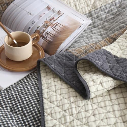 Quilta 100% Cotton Quilt Set, Real Patchwork Plaid Quilts/Brown/Gray/Beige