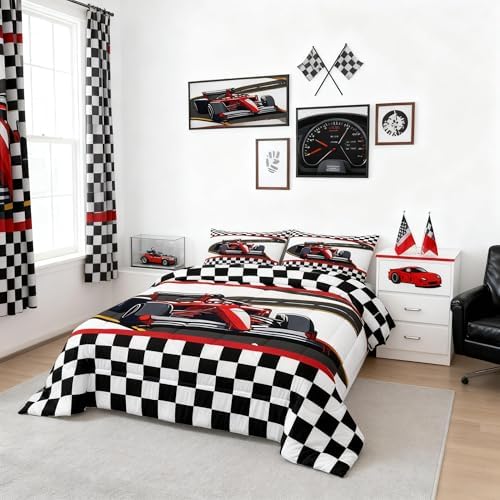 Castle Fairy Racing Car Comforter Set,Racing Theme Bedding Set for Kids Girls Women,Adults Red Car Comforter,Black White Grid Quilted Duvet Set Bedroom Collection Twin Size 2Pcs