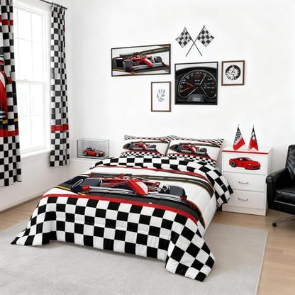 Castle Fairy Red Racing Car King Size Comforter Set,Kids Extreme Sports Theme Decor All Season Bedding Set,Teens Black White Grid Comforter,Race Car Decor Quilt Set Bedroom Collection 3Pcs