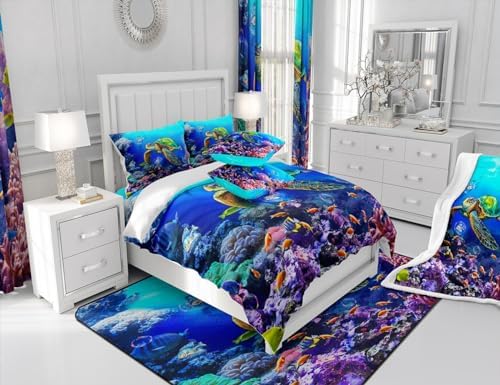 Sea Turtle Comforter Set Full Size,Ocean Underwater World View Quilt Set Cute Colorful Fish Coral Bedding Set for Kids Girls Boys Adult Room Decor,Blue Hawaii Style Beach Duvet Insert 3Pcs