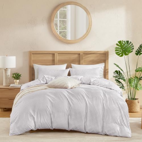 Andency Gingham Duvet Cover Twin Size, Light Grey Checkered Plaid Bedding Set with Zipper Closure & Corner Ties, 2 Pieces Soft Prewashed Microfiber Comforter Cover for Dorm Kids