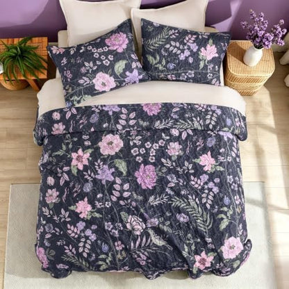 Litanika Floral Dark Purple Quilt - 3Pcs Botanical Birds Pattren Bed Set