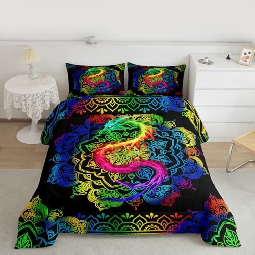 Watercolor Dragon Comforter Set Full Size,Rainbow Mandala Print Duvet Quilted,Bohemian Exotic Style and Animal Theme Bedding Comforters 3Pcs for Kids Child Teens Woman Man Bedroom Decor,Black