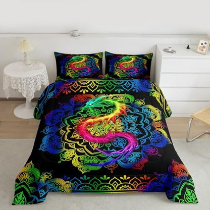 Watercolor Dragon Comforter Set Full Size,Rainbow Mandala Print Duvet Quilted,Bohemian Exotic Style and Animal Theme Bedding Comforters 3Pcs for Kids Child Teens Woman Man Bedroom Decor,Black