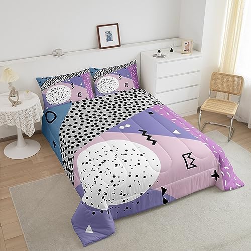 Manfei Memphis Comforter Set Full Size, Abstract Geometric Retro Bedding Set 3pcs for Kids Girls Room Decor, 80s or 90s Fashion Style Quilt Set Soft Polyester Duvet Set with 2 Pillowcases