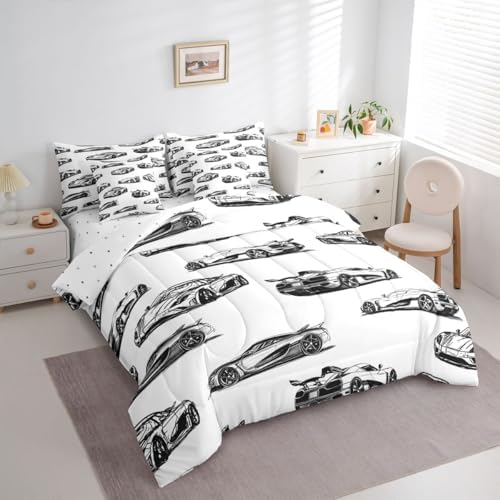 Feelyou Race Car Queen Comforter Set with Sheets for Kids Boys Girls Black White Speed Sports Car 7 Pieces Bedding Set Extreme Sports Bed in a Bag Room Decor Soft Lightweight Microfiber