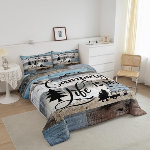Manfei Camping Comforter Set Queen Size, RV Trailers Camper Bedding Set for Kids Boys Girls Room Decor, Grey Blue Wooden Adventure Theme Down Comforter, Rustic Farmhouse Duvet Insert, 2 Pillowcases