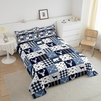 Homewish Bear Deer Silhouette Comforter Set,Gray Blue Grid Bedding Set for Kids Girls Boys,Teens Adults Hunting Comforter,Rustic Farmhouse Quilted Duvet Set Bedroom Collection Twin Size 2Pcs