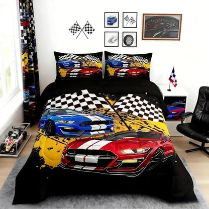 Castle Fairy Racing Car Full Size Comforter Set,Cool Sports Car Bedding Set for Adults Teens,Children Race Car Competition Comforter Luxury Extreme Sports Quilt Set Room Decor 3Pcs