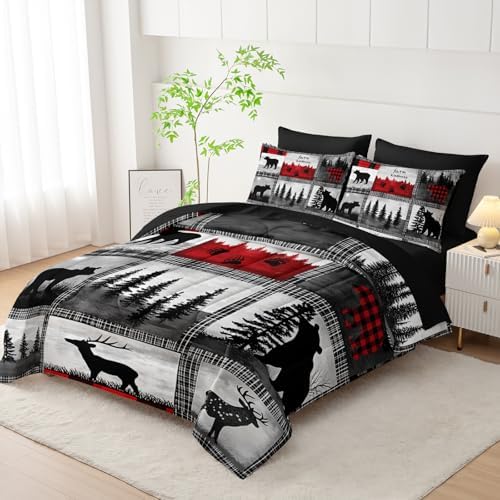 7 Piece Wildlife Bear Deer King Set Comforter，Rustic Cabin King Size Bedding Sets Comforter and Sheets