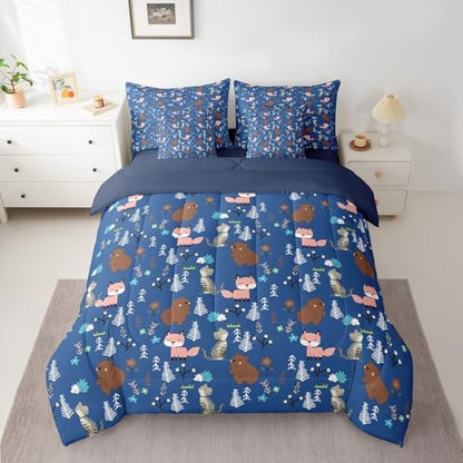 Erosebridal King Size Boys Blue Bear 7 Piece Kids Comforter Set Cartoon Animal Bedding Set for Child Nursery Fox and Cat Wild Animals Sheets Woodland Animals Quilt Wildlife Botanical Duvet Insert