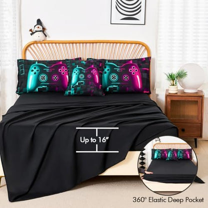 PERFEMET 6 Pcs Boy Gamer Full Bed in a Bag Purple and Teal Gaming Comforter